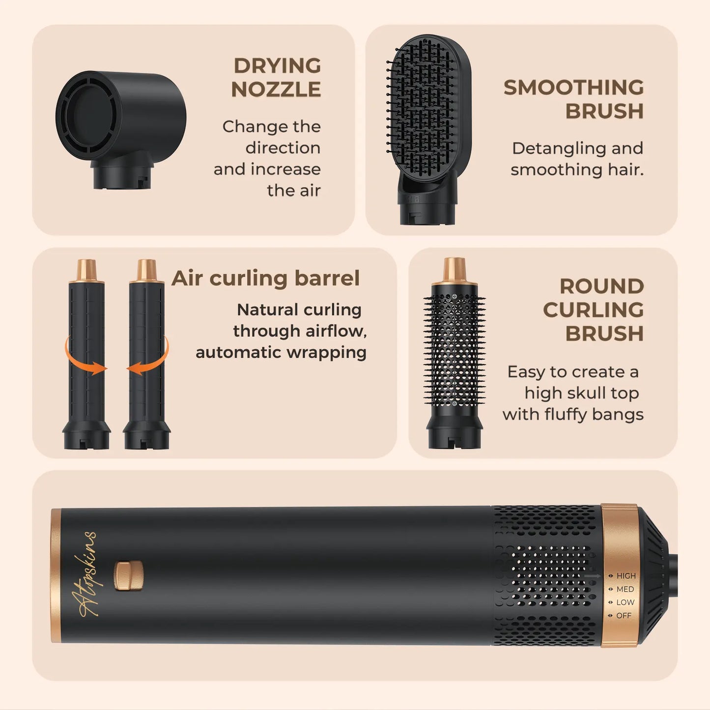 ATOPSKINS 5-in-1 Air Styler, Lightweight Hair Dryer & Hot Air Curlers with Diffuser & Curly Hair Brush